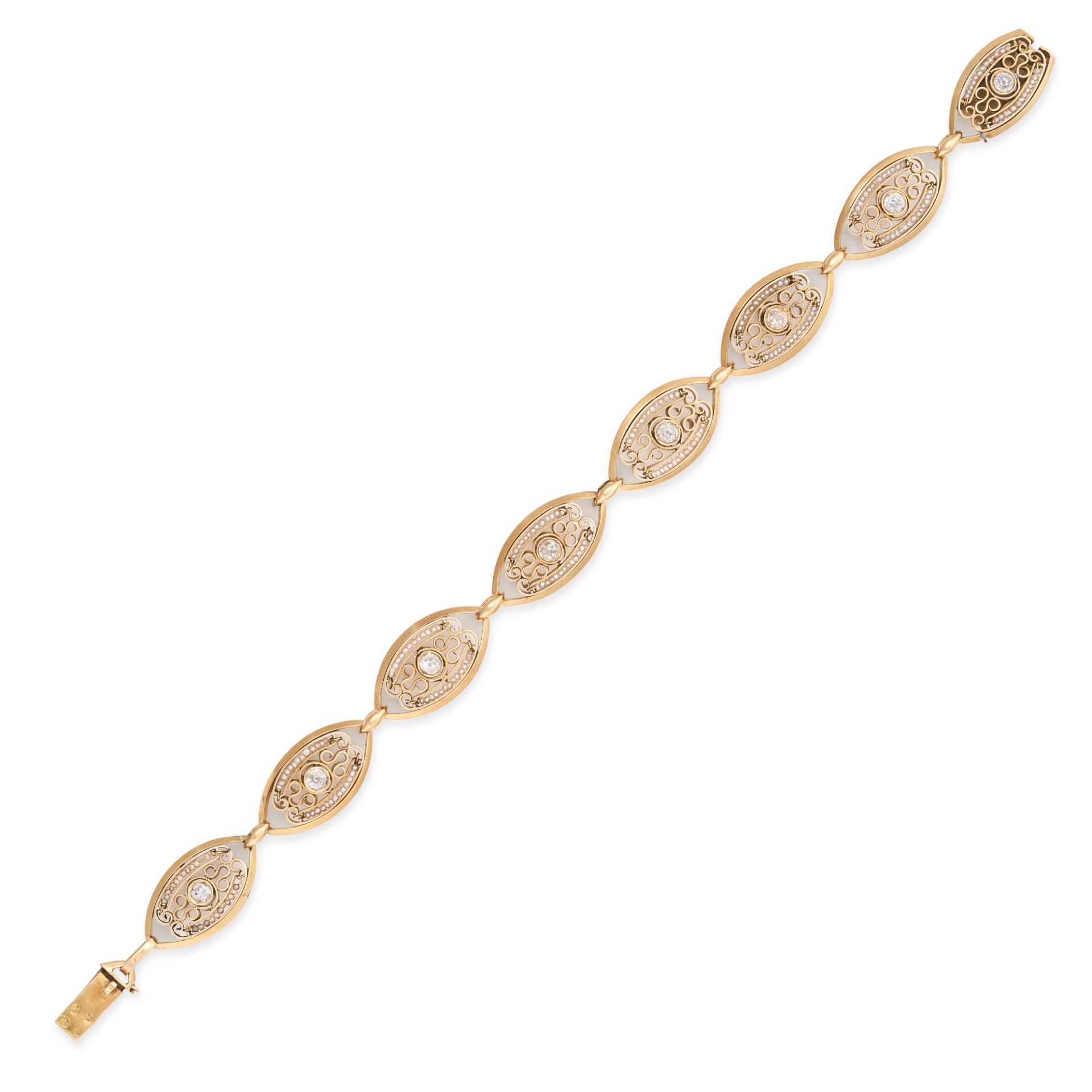 AN ART NOUVEAU DIAMOND AND PEARL BRACELET in 14ct yellow gold, comprising a row of eight openwork...