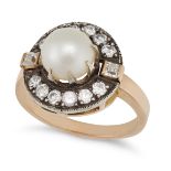 A PEARL AND DIAMOND CLUSTER RING in yellow gold, set with a pearl of 8.00mm in a border of round ...