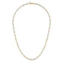 AN AQUAMARINE CHAIN NECKLACE in 18ct yellow gold, comprising a row of oval cut aquamarines, stamp...