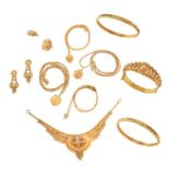A COLLECTION OF GOLD JEWELLERY in 23ct yellow gold, comprising an Indian bracelet decorated in be...