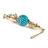 AN ANTIQUE VICTORIAN TURQUOISE AND PEARL BANGLE in yellow gold, the domed face pave set with a cl...