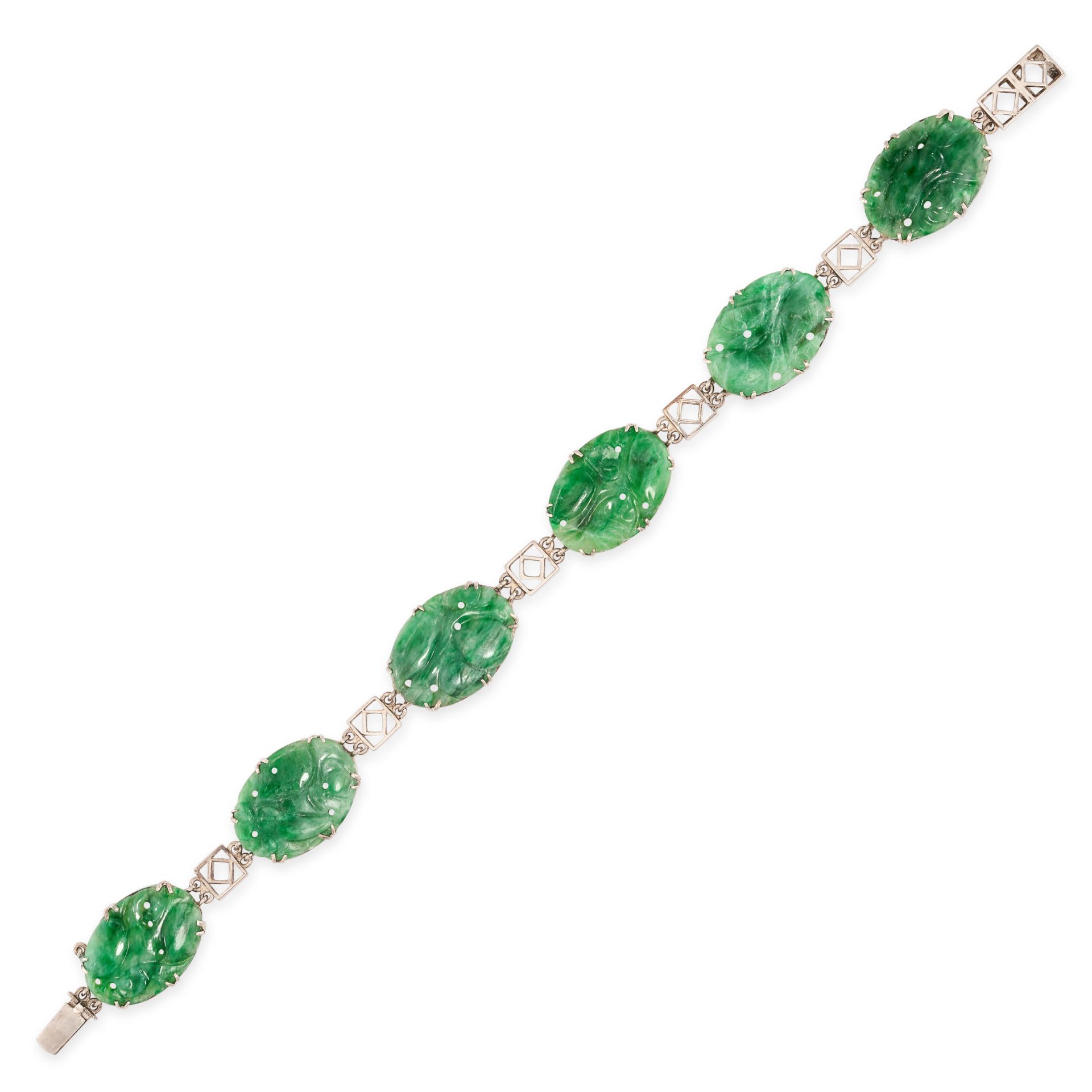 A JADEITE JADE BRACELET in 9ct white gold, set with a row of six oval jadeite jade plaques carved...