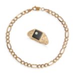 A MIXED LOT OF GOLD JEWELLERY in 9ct yellow gold, comprising a ring set with a polished onyx and ...