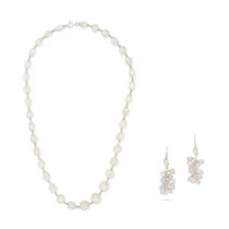 A MOONSTONE NECKLACE AND EARRINGS SET in silver, the necklace set with a single row of cabochon m...