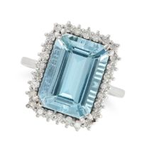 AN AQUAMARINE AND DIAMOND RING in 18ct white gold, set with an octagonal step cut aquamarine of a...