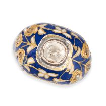 AN INDIAN DIAMOND AND BLUE ENAMEL RING set with a flat cut diamond in a border of blue and white ...