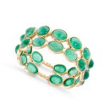 AN EMERALD ETERNITY RING in 18ct yellow gold, set all around with two rows of round cabochon emer...