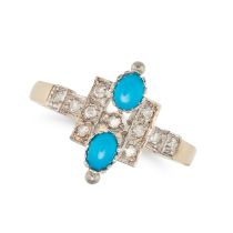 A RECONSTITUTED TURQUOISE AND DIAMOND RING in 9ct yellow gold, set with two cabochon reconstitute...