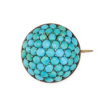 AN ANTIQUE TURQUOISE BROOCH the domed body pave set with round cabochon turquoise, no assay marks...