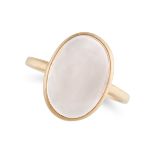 A ROSE QUARTZ RING in 18ct yellow gold, set with an oval cabochon rose quartz, the band with a sa...