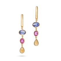 A PAIR OF TANZANITE, SAPPHIRE AND CITRINE DROP EARRINGS in 14ct yellow gold, each set with an ova...