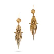 A PAIR OF ANTIQUE ETRUSCAN REVIVAL DROP EARRINGS in 14ct yellow gold, the navette shaped earrings...