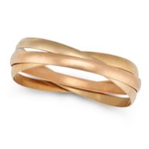 A GOLD TRINITY BANGLE in 18ct yellow and rose gold, designed as three interlocking bangles, Frenc...