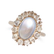 AN ANTIQUE MOONSTONE AND WHITE GEMSTONE RING in yellow gold, set with a cabochon moonstone in a c...