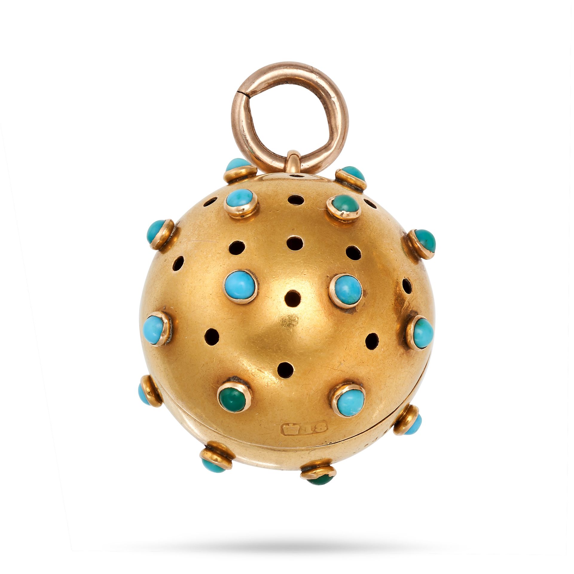 AN ANTIQUE EDWARDIAN TURQUOISE VINAIGRETTE PENDANT in 18ct yellow gold, the spherical vinaigrette...