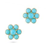 A PAIR OF TURQUOISE CLUSTER EARRINGS in 18ct yellow gold, each set with a round cabochon turquois...