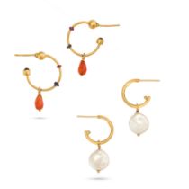 NO RESERVE - TWO PAIRS OF GEMSET HOOP EARRINGS in high carat yellow gold, comprising a pair of ha...
