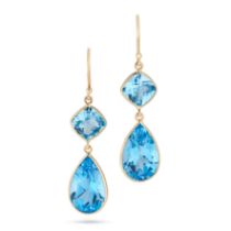 A PAIR OF BLUE TOPAZ DROP EARRINGS in 18ct yellow gold, each set with a fancy cut blue topaz susp...