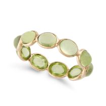 A PERIDOT ETERNITY RING in 18ct yellow gold, set all around with a row of oval cabochon peridots,...