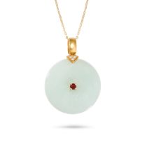 AN UNTREATED JADEITE JADE, DIAMOND AND GARNET PENDANT NECKLACE in 18ct yellow gold, comprising a ...