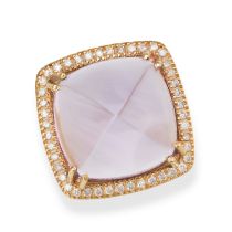 A ROSE QUARTZ AND DIAMOND RING in 14ct yellow gold, set with a central sugarloaf cabochon cut 16....