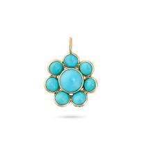A TURQUOISE CLUSTER PENDANT in 14ct yellow gold, set with round cabochon turquoise, surrounded by...