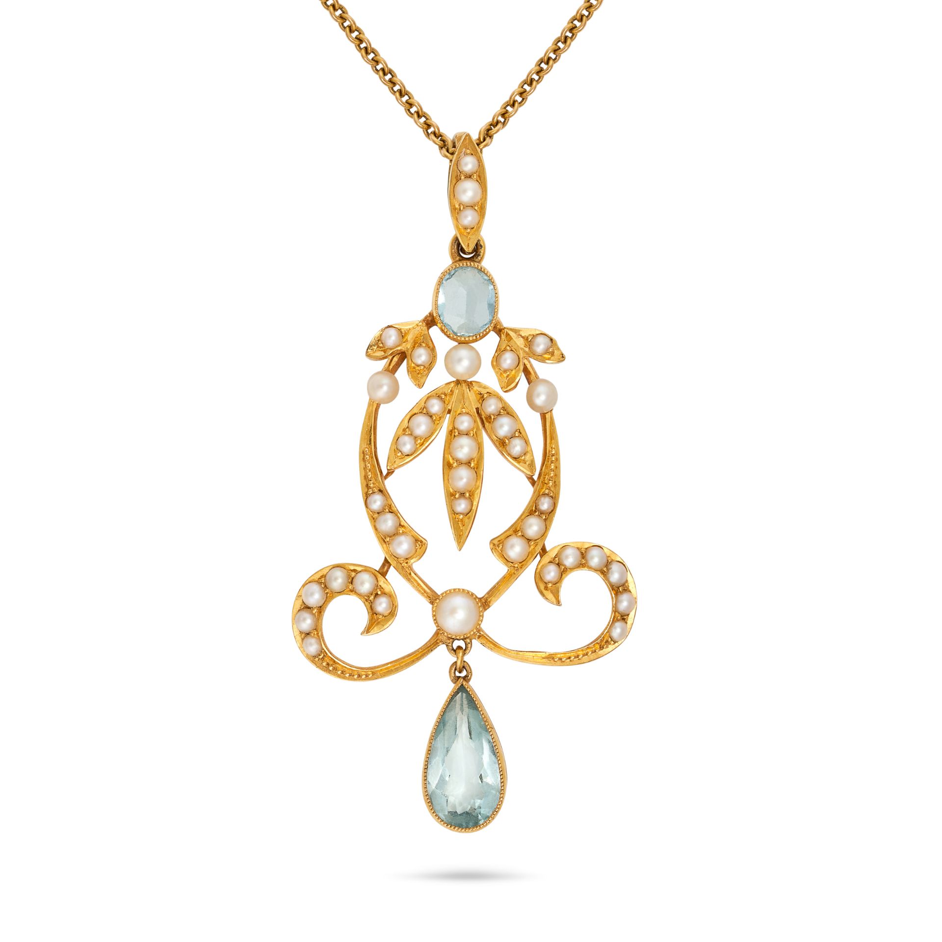 NO RESERVE - AN ANTIQUE EDWARDIAN AQUAMARINE AND PEARL PENDANT NECKLACE in yellow gold, the scrol...