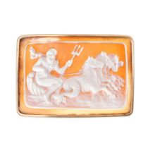 AN ANTIQUE SHELL CAMEO BROOCH in yellow gold, the rectangular body set with a shell cameo carved ...