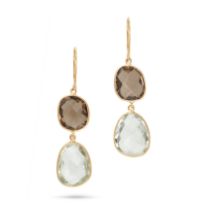 A PAIR OF SMOKEY QUARTZ AND PRASIOLITE EARRINGS in 18ct yellow gold, each set with a fancy cut sm...