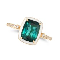 A GREEN TOURMALINE, ENAMEL AND DIAMOND RING in 18ct yellow gold, set with a cushion cut green tou...