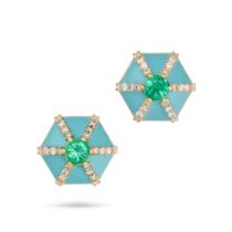 A PAIR OF EMERALD, ENAMEL AND DIAMOND EARRINGS in 18ct yellow gold, each set with with a round cu...