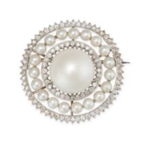 A DIAMOND AND PEARL BROOCH in platinum and white gold, set with a pearl of 12.5mm, in concentric ...