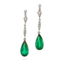 NO RESERVE - A PAIR OF DIAMOND AND GREEN PASTE DROP EARRINGS in white gold and silver, each compr...