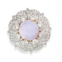 AN UNTREATED LAVENDER JADE RING in 18ct white gold, set with a cabochon lavender jade in a stylis...