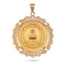 A FRENCH RUBY AND DIAMOND LOVE TOKEN PENDANT in 18ct yellow gold, comprising a diamond set plus s...