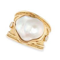 NO RESERVE - A BAROQUE PEARL AND DIAMOND RING in yellow gold, the tapering open band set with a b...