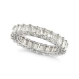 A DIAMOND FULL ETERNITY RING in 18ct white gold, set with a row of emerald cut diamonds, the diam...