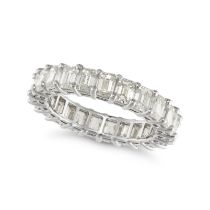 A DIAMOND FULL ETERNITY RING in 18ct white gold, set with a row of emerald cut diamonds, the diam...