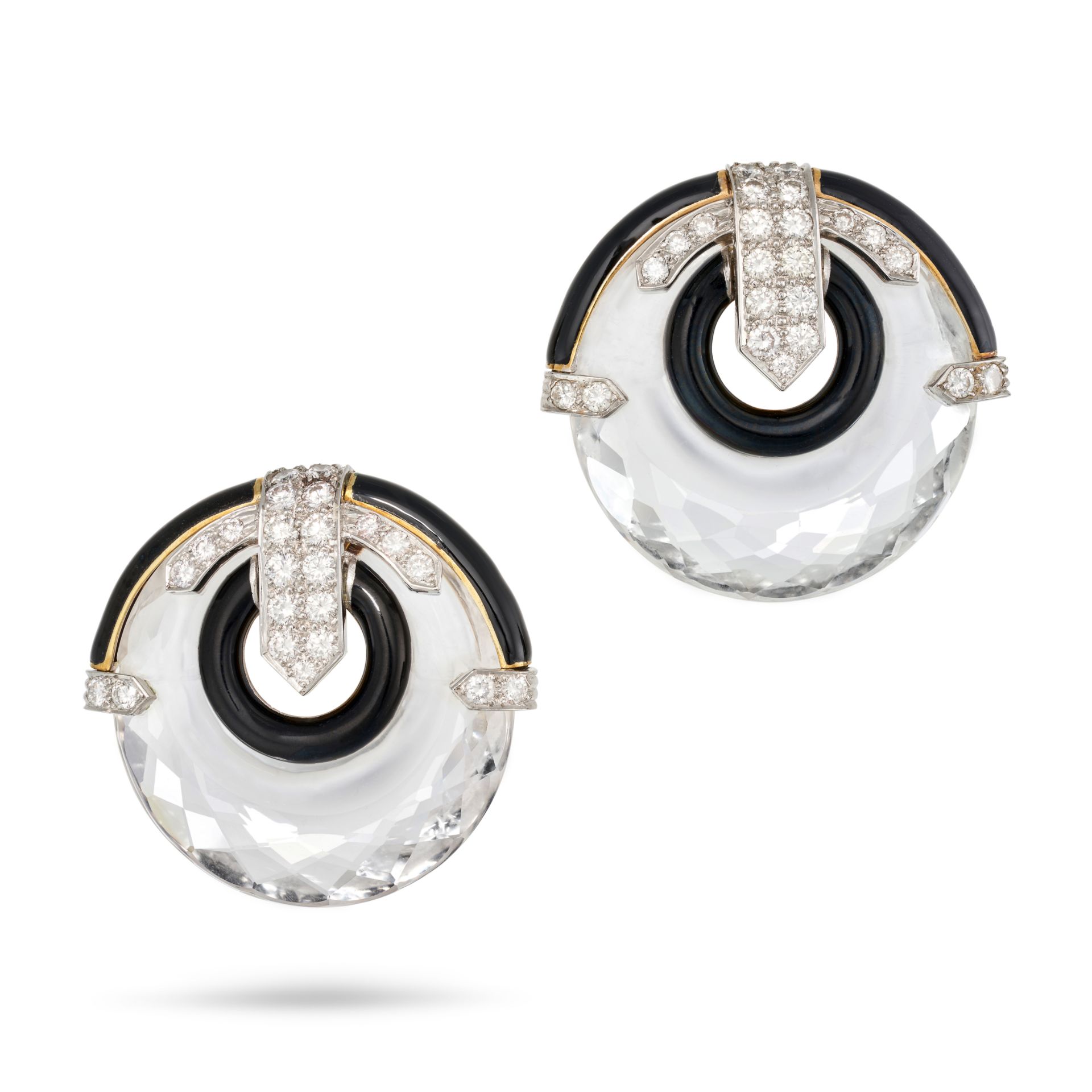 DAVID WEBB, A PAIR OF ROCK CRYSTAL, DIAMOND AND ONYX LIGHT BEAM EARRINGS in 18ct yellow gold and ...