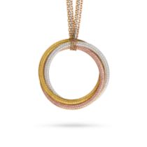 CARTIER, A RARE PINK, YELLOW AND WHITE DIAMOND TRINITY NECKLACE in 18ct white, yellow and rose go...