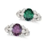 A FINE BRAZILLIAN ALEXANDRITE AND DIAMOND RING in platinum, set with an oval cut alexandrite of 2...