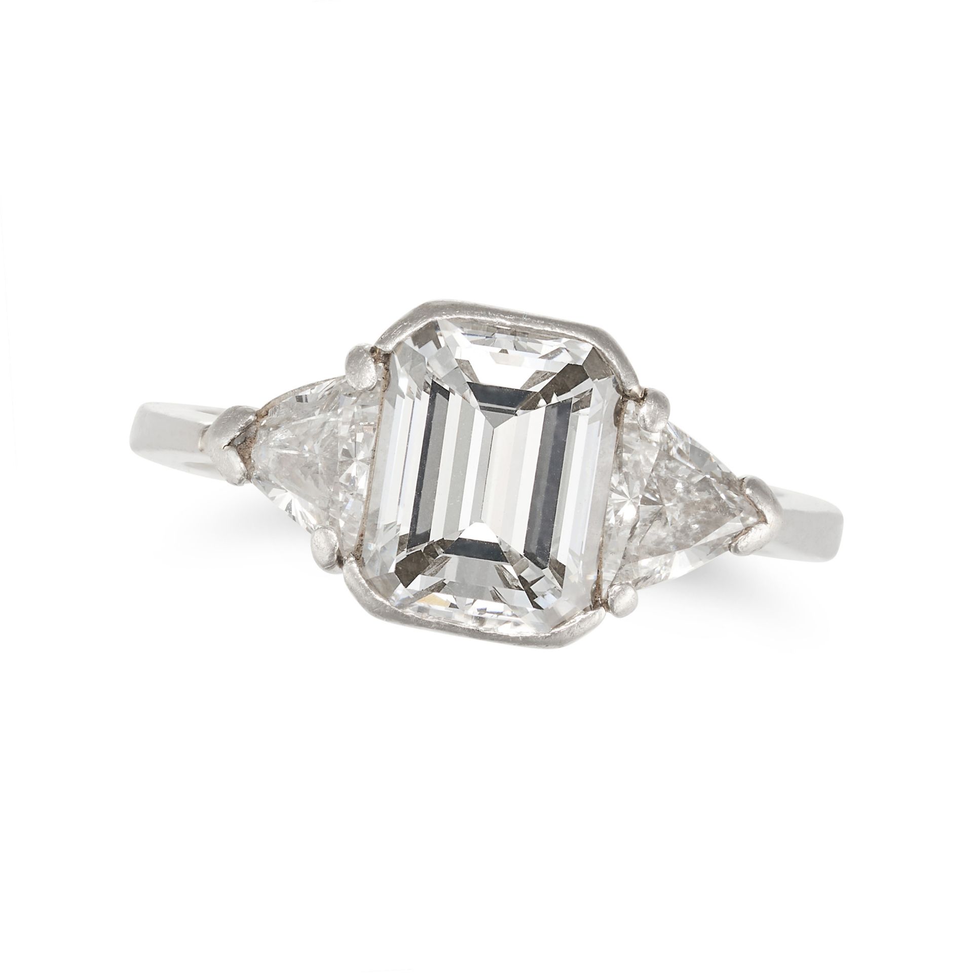 A G COLOUR DIAMOND ENGAGEMENT RING in platinum, set with an emerald cut diamond of 2.07 carats fl...