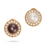 BULGARI, A PAIR OF PEARL AND DIAMOND EAR CLIPS in 18ct yellow gold, one earring set with a brown ...