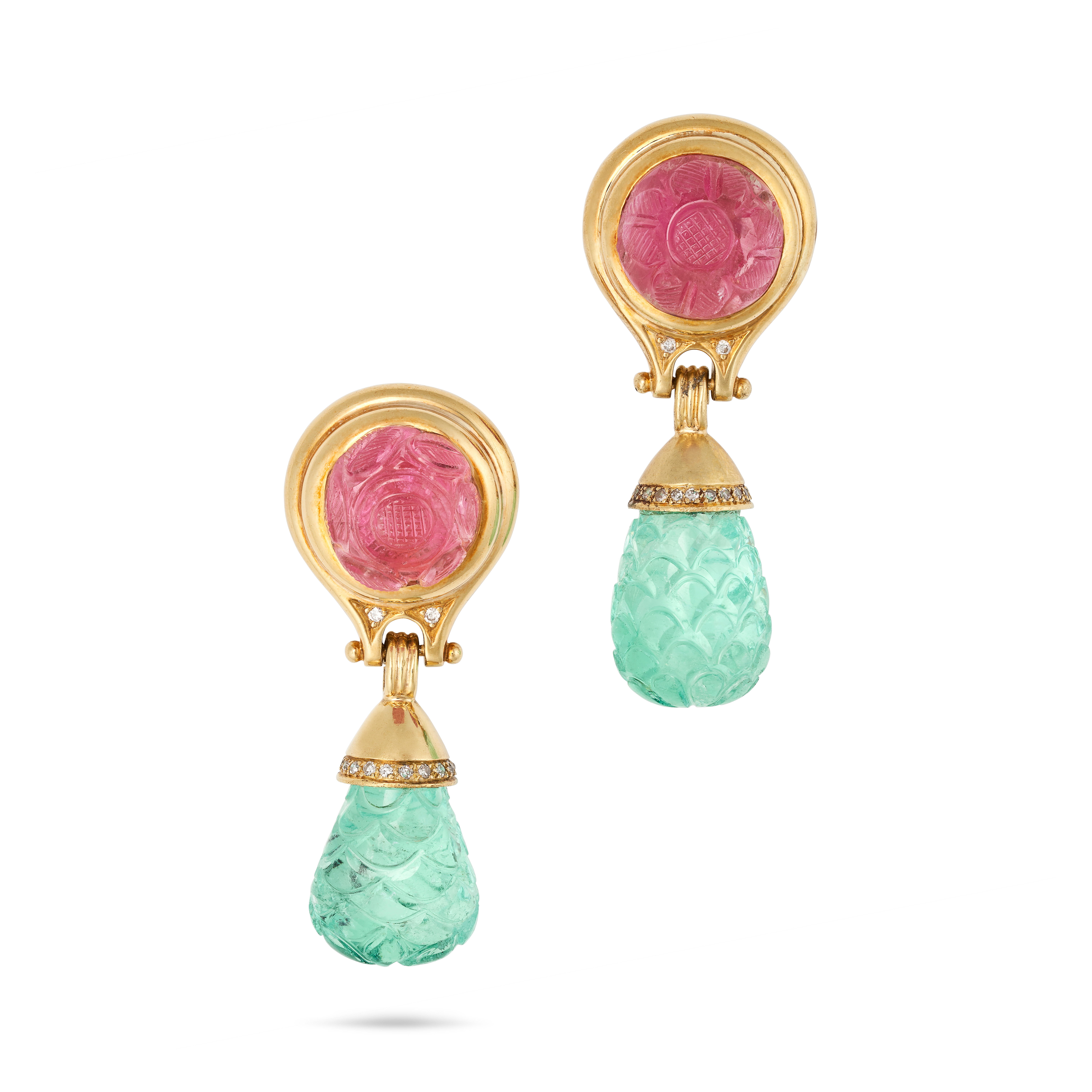 A PAIR OF PINK TOURMALINE, EMERALD AND DIAMOND DROP EARRINGS in 18ct yellow gold, each comprising...