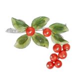 AN AUSTRIAN NEPHRITE JADE, CORAL AND DIAMOND WINTERBERRY HOLLY BROOCH in platinum, designed as a ...