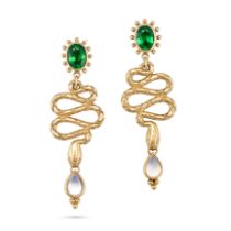 TEMPLE ST. CLAIR, A PAIR OF TSAVORITE GARNET, DIAMOND AND MOONSTONE SNAKE DROP EARRINGS in 18ct y...