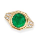 BULGARI, A FINE EMERALD AND DIAMOND RING, 1960 in 18ct yellow gold, set with a cabochon emerald o...