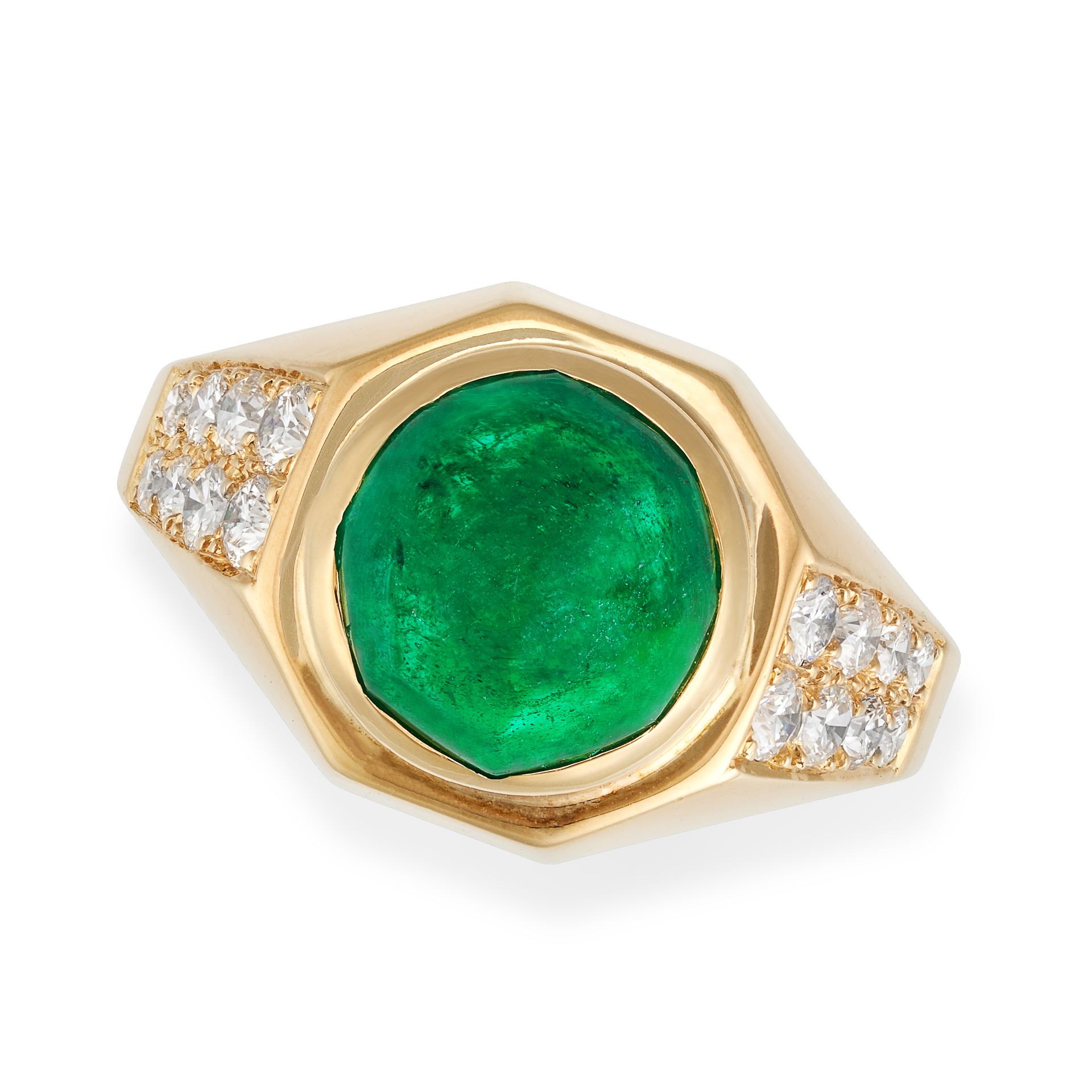 BULGARI, A FINE EMERALD AND DIAMOND RING, 1960 in 18ct yellow gold, set with a cabochon emerald o...