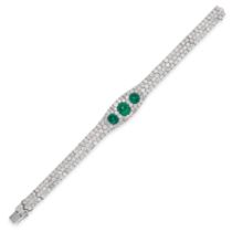 A FINE FRENCH ART DECO COLOMBIAN EMERALD AND DIAMOND BRACELET, CIRCA 1920 in platinum, set with t...