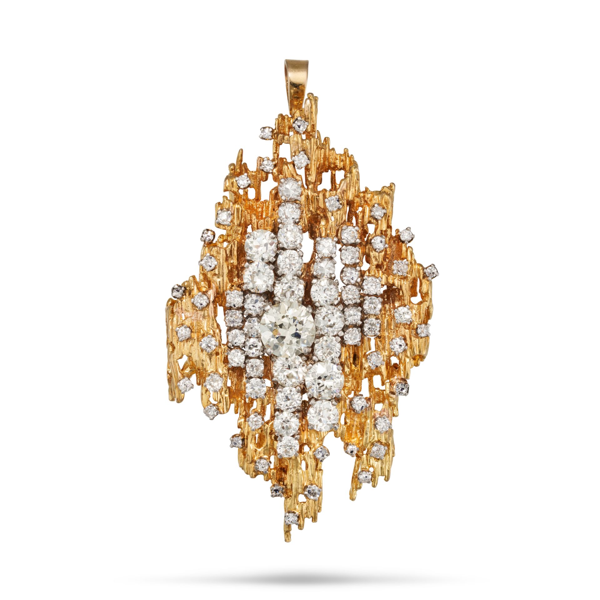 A MODERNIST DIAMOND BROOCH / PENDANT, 1970S in 18ct yellow gold, the textured body set with an ol...